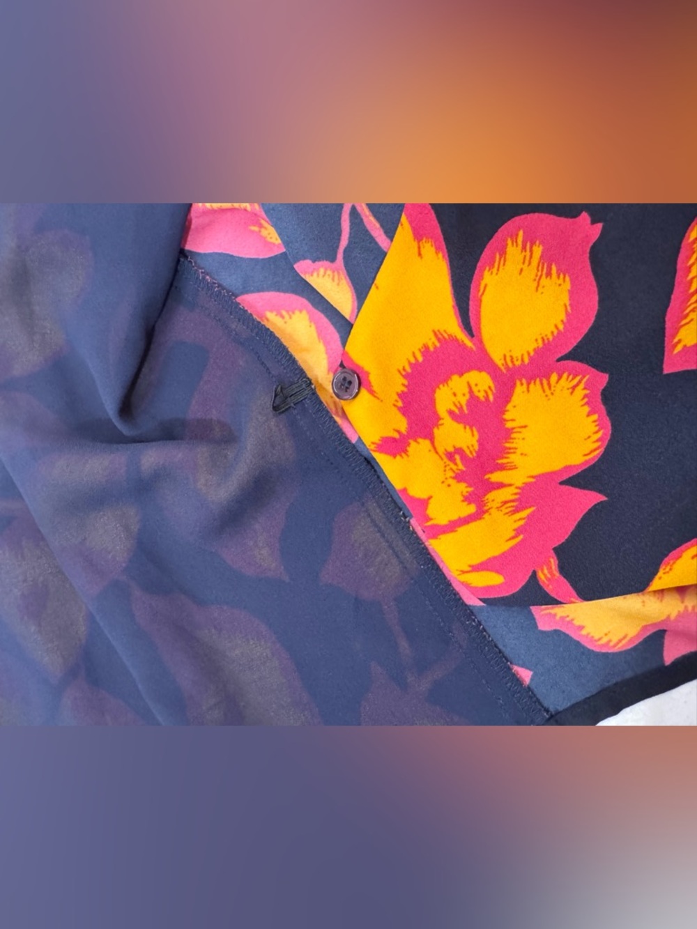 🏵️ Allison Joy Floral Wrap Top, Navy Pink & Orange V-Neck Tie Blouse, size M - Picture 9 of 10